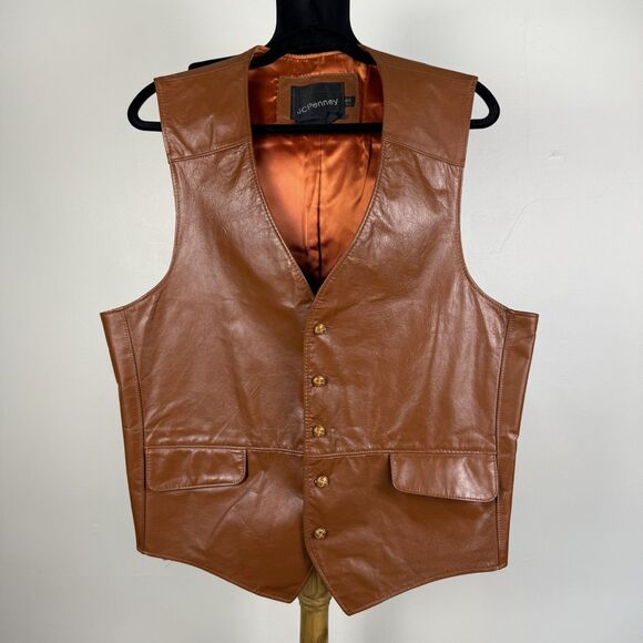 Vintage 70s Genuine Leather Cognac Brown Vest | JCPenny Western Cowboy - Picture 1 of 13